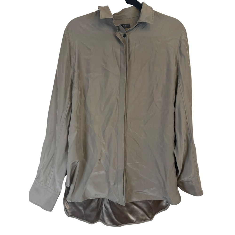 Rag & Bone silk New York Taupe Gray Hidden Button Down Blouse Long Sleeve Large